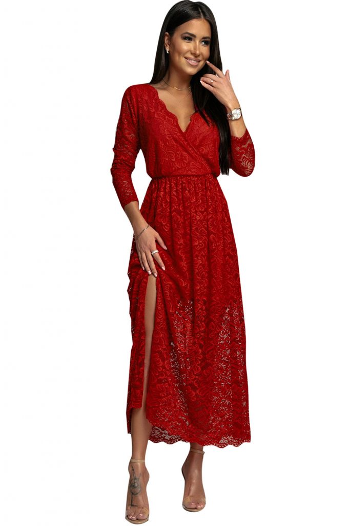 Red Long Sleeve V Neck Lace Maxi Dress With Split