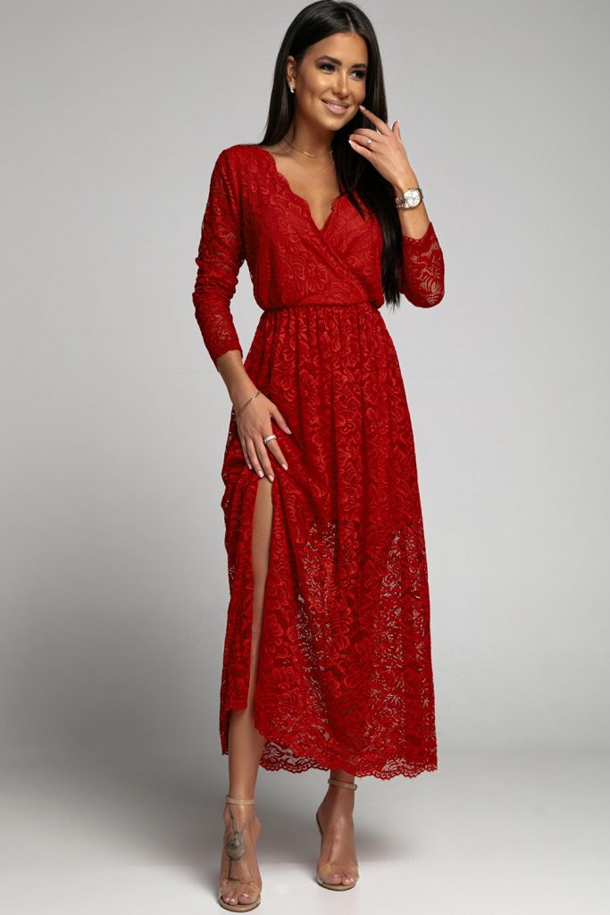 Red Long Sleeve V Neck Lace Maxi Dress With Split