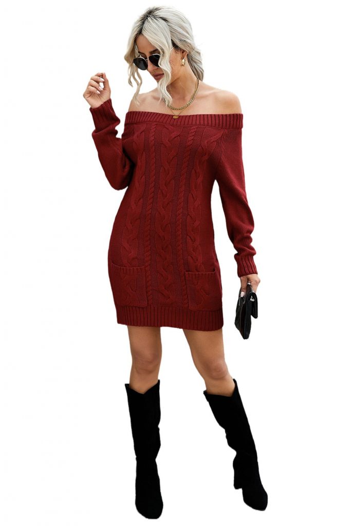 Red Off-shoulder Cable Knit Winter Sweater Dress