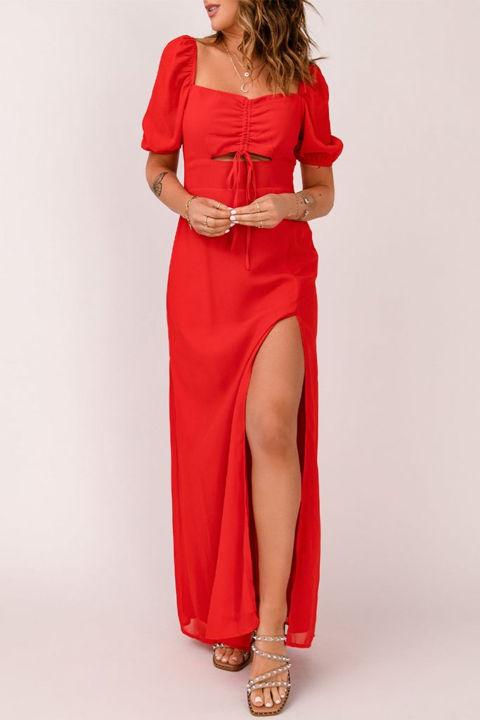 Red Square Neck Drawstring Maxi Dress With Split