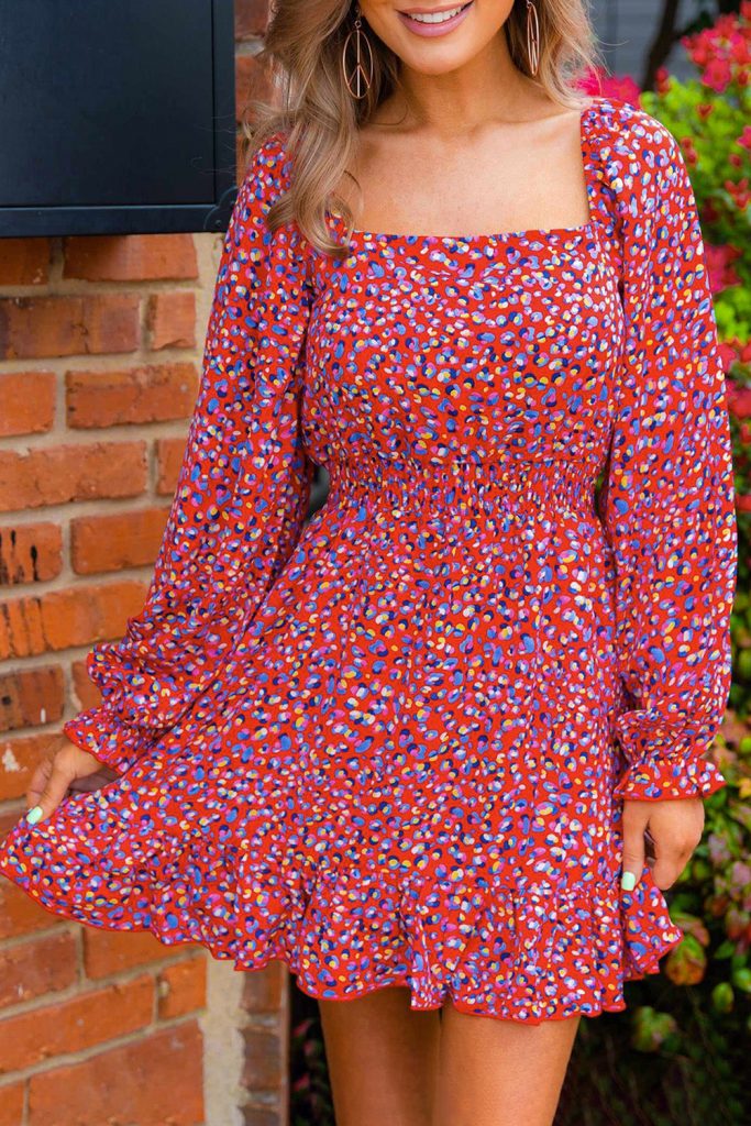 Red Square Neck Spring Floral Dress