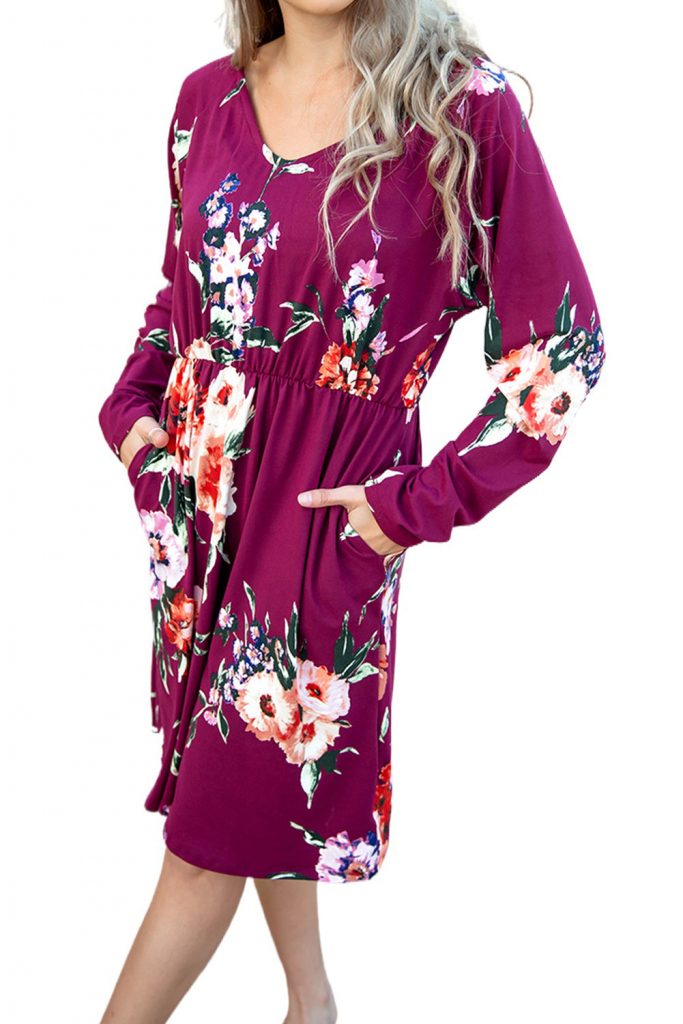 Rose Long Sleeve High Waist Winter Floral Dress