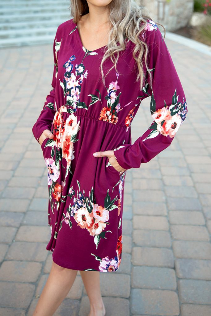 Rose Long Sleeve High Waist Winter Floral Dress