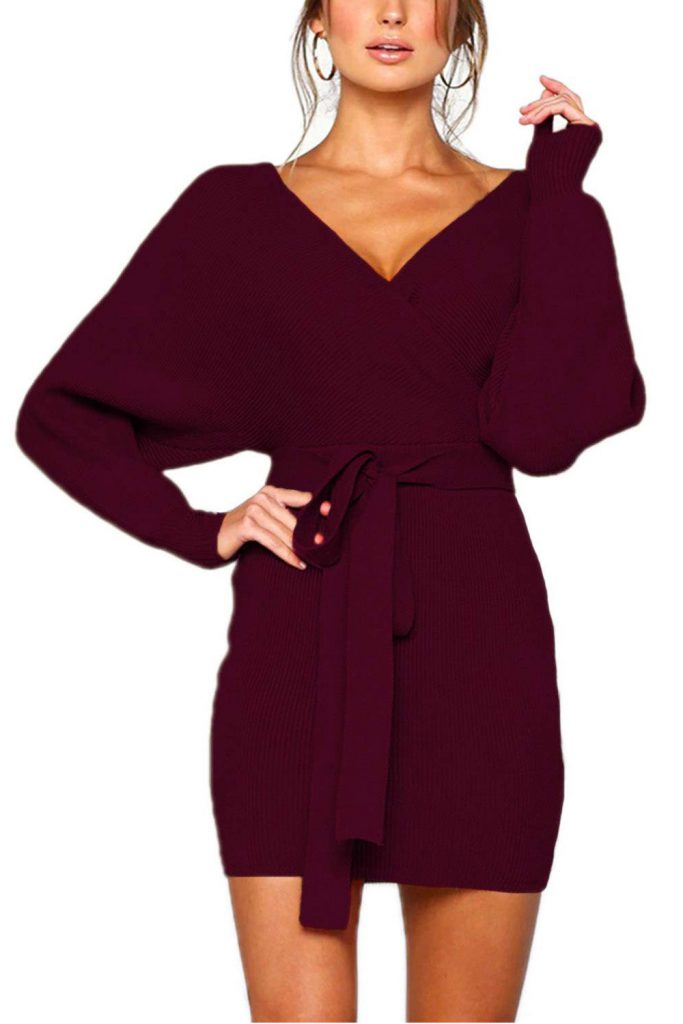 Sexy V Neck Cocktail Batwing Wrap Hip Long Sleeve Women’s Knit Sweater Mini Dress