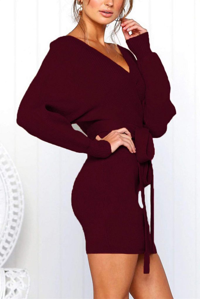 Sexy V Neck Cocktail Batwing Wrap Hip Long Sleeve Women’s Knit Sweater Mini Dress