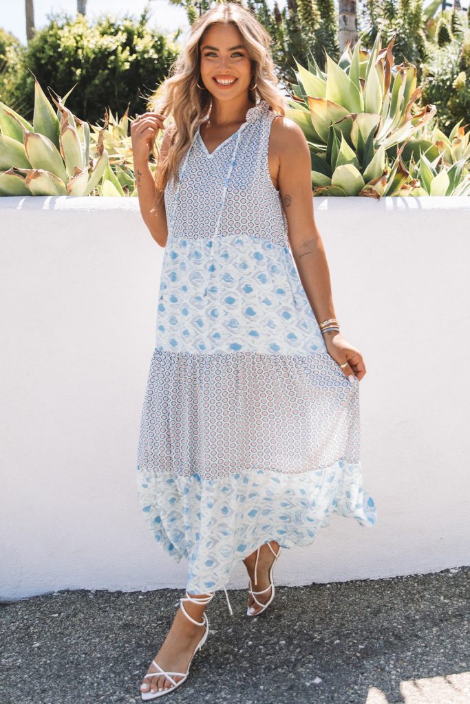 Sky Blue Abstract Print Split Neck Sleeveless Maxi Dress