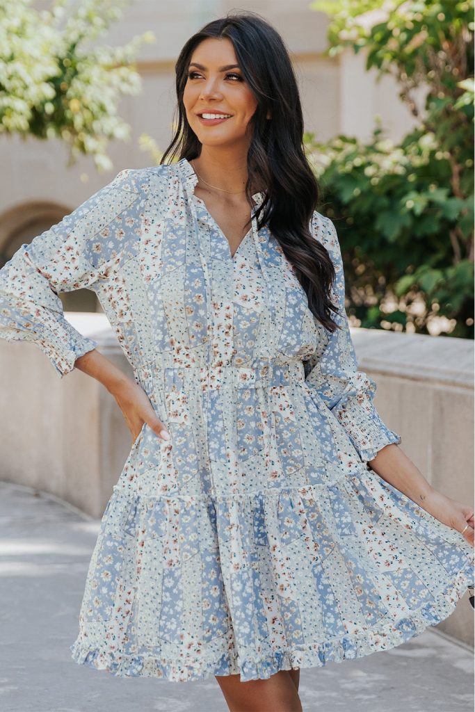 Sky Blue Floral Split V Neck Tiered Ruffle Dress