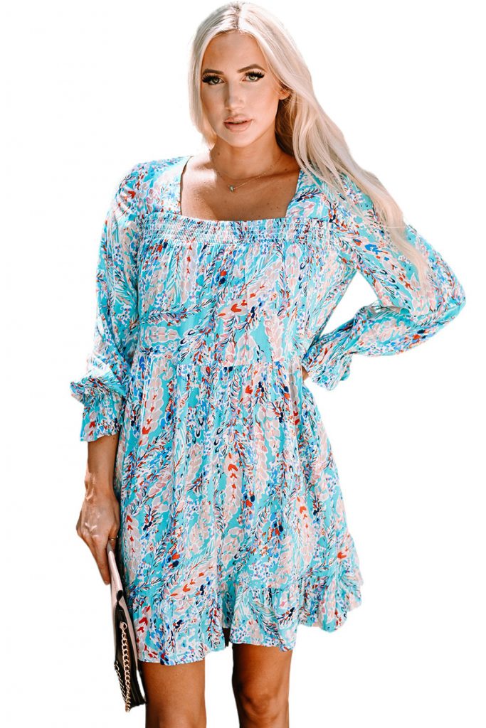 Sky Blue Ruffled Square Neck Floral Dress