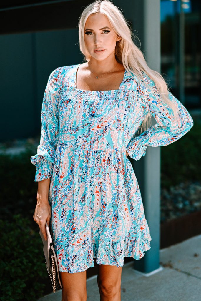 Sky Blue Ruffled Square Neck Floral Dress