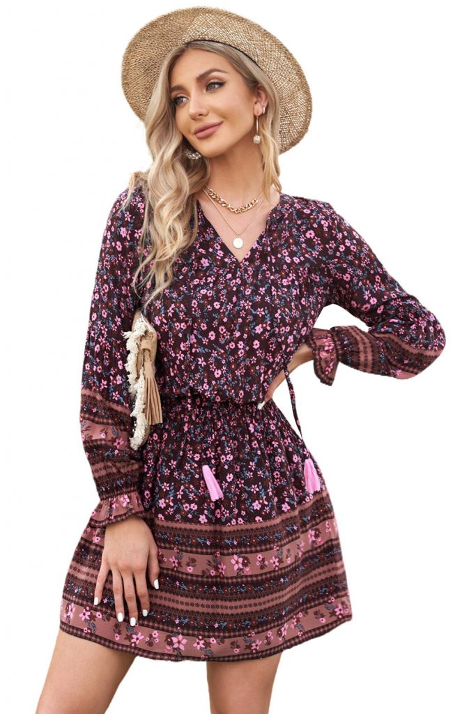 Split V Neck Boho Winter Floral Dress