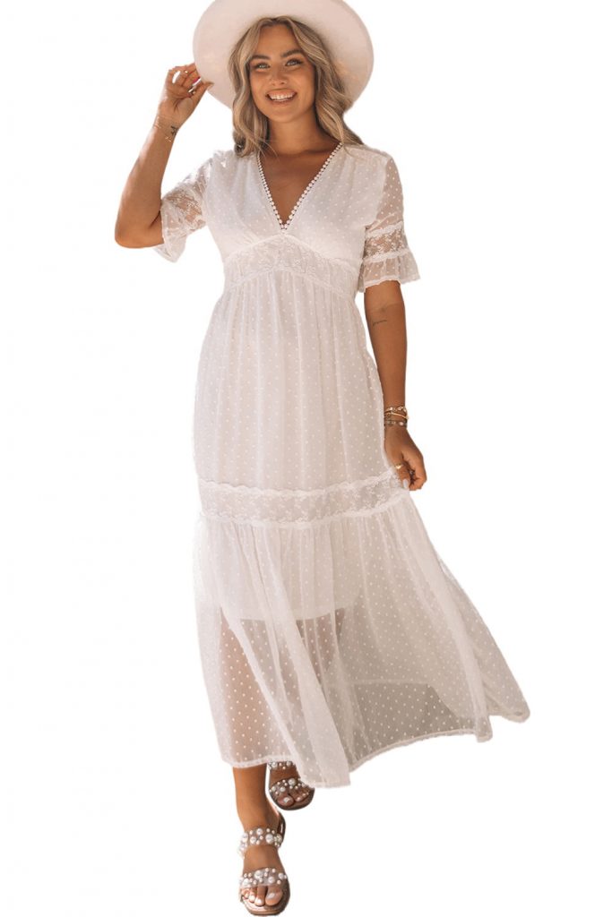 White Swiss Dot Lace Trim Maxi Dress