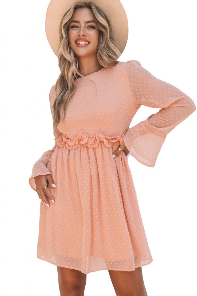 Swiss Dot Ruffled Bell Sleeve High Waist Mini Dress