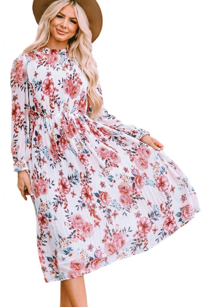 Beige Floral Print Puffy Long Sleeve Ruffled Women’s Fall Midi Dress