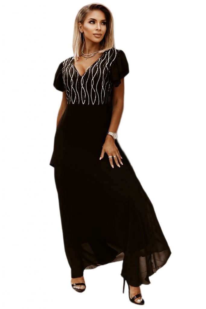 Black V-Neck Ruffle Long Sleeve Sequin Panel Women’s Maxi Dress