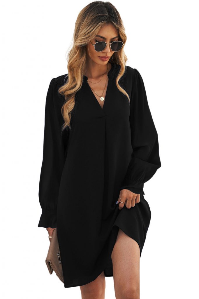 Black V Neck Ruffle Long Sleeve Fall Solid Women’s Loose Dress