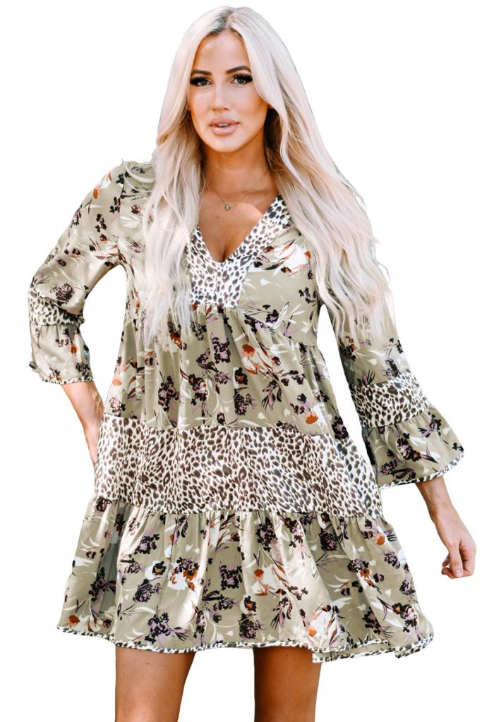 Khaki Floral V Neck Leopard Patchwork Print Bell Sleeve Dress