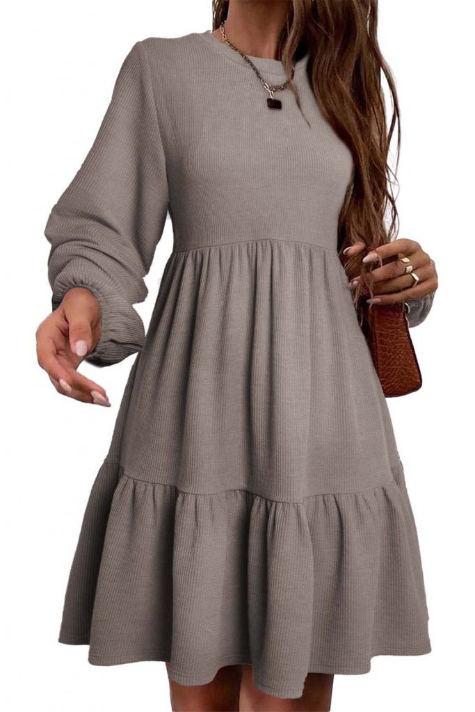 Khaki Tiered Ruffled Ribbed Women’s Long Sleeve Fall Mini Dress