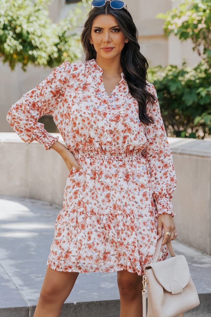 Red Shirred High Waist Floral Mini Dress