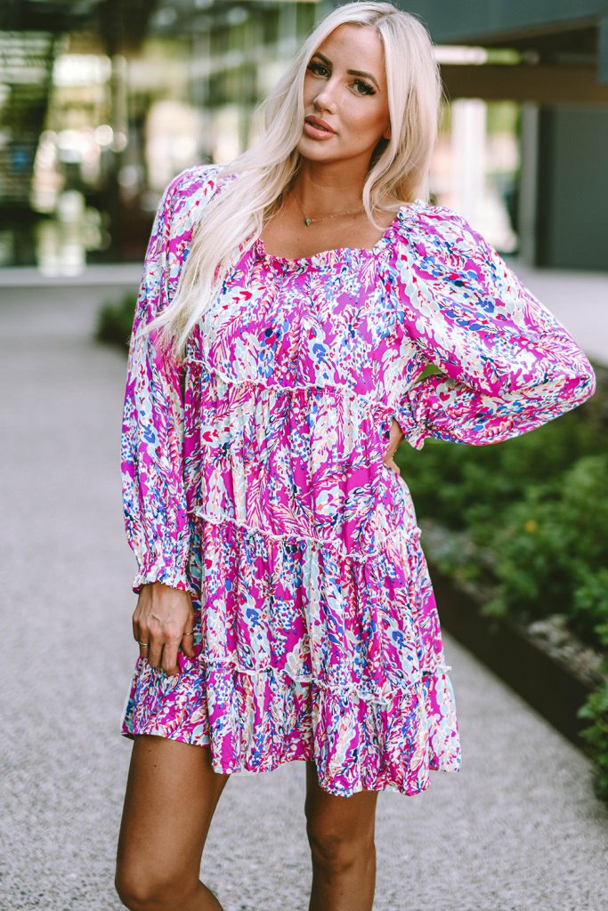 Rose Ruffled Square Neck Long Sleeve Floral Dress