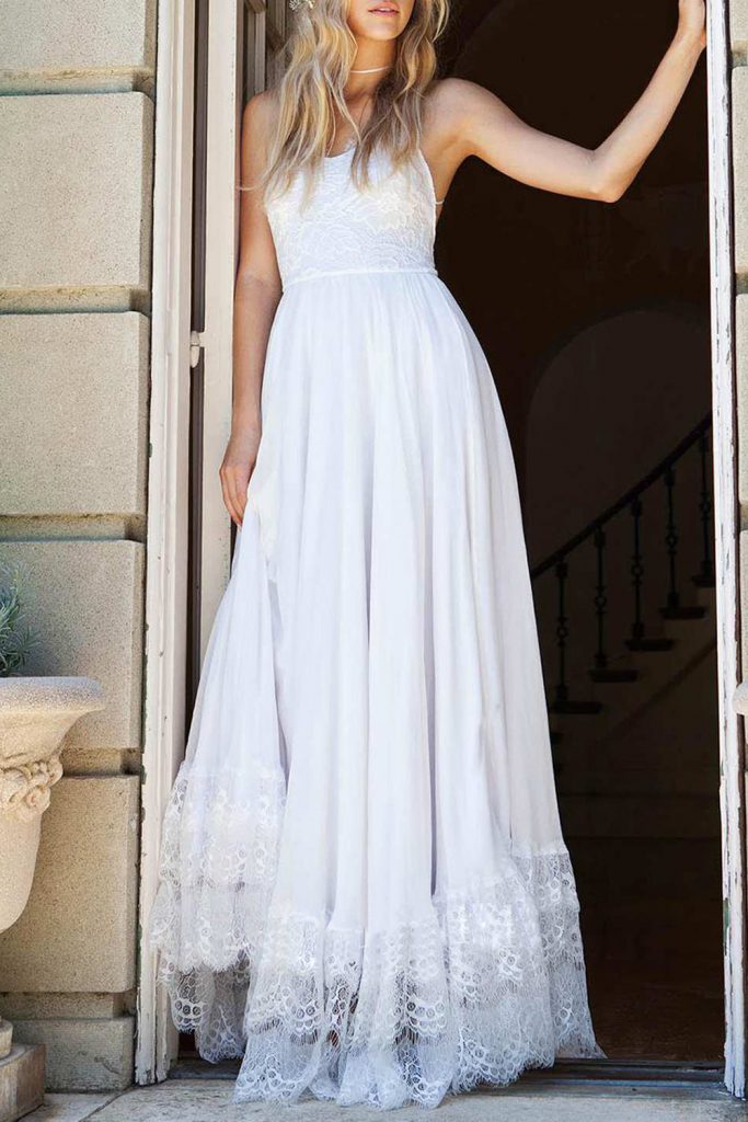 White Spaghetti Strap Backless Contrast Lace Wedding Maxi Dress