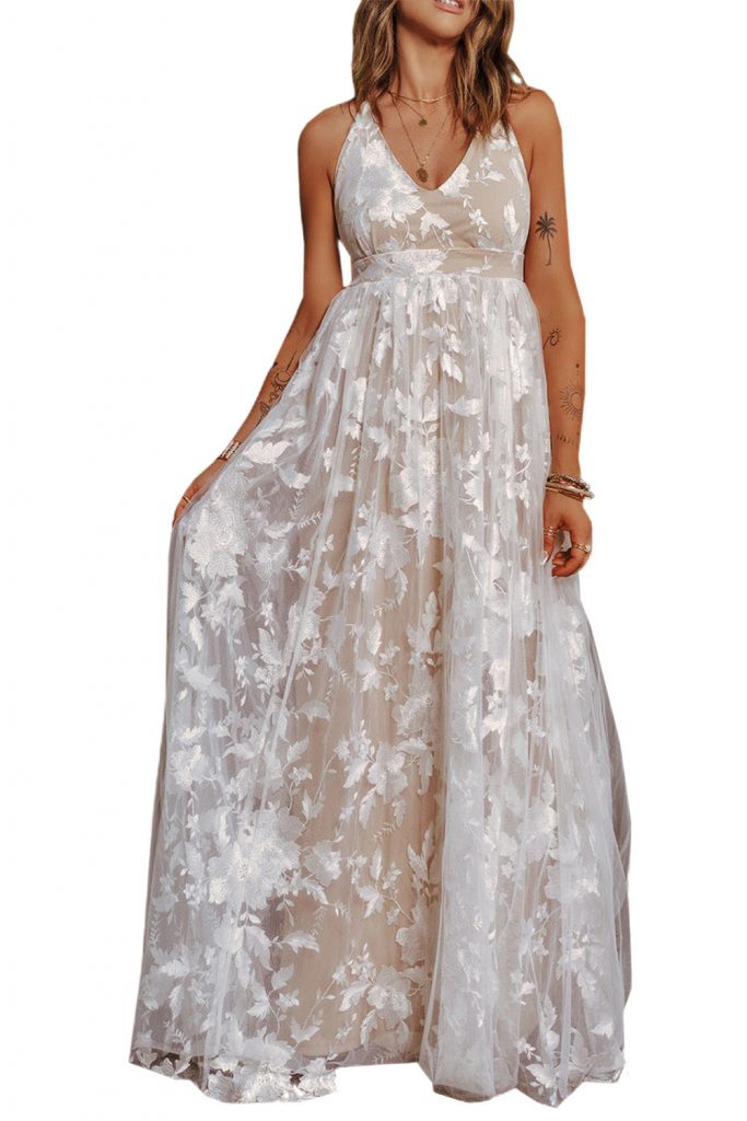 White V Neck Backless Floral Lace Prom Wedding Party Maxi Dress