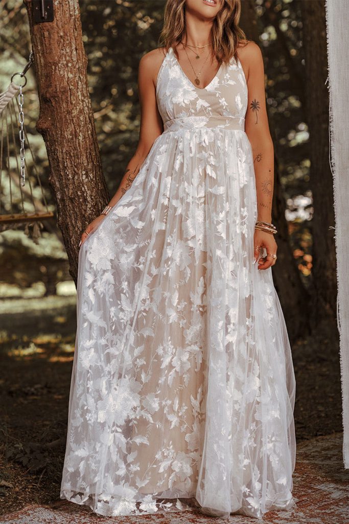 White V Neck Backless Floral Lace Prom Wedding Party Maxi Dress