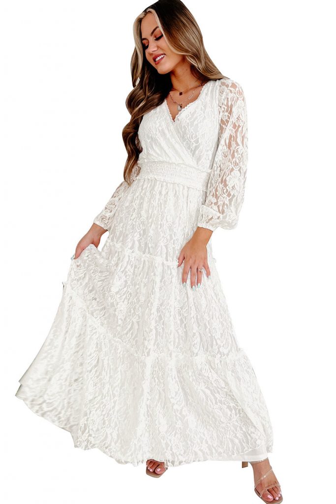 White Women’s V Neck Bubble Long Sleeve Tiered Lace Maxi Wedding Party Dress