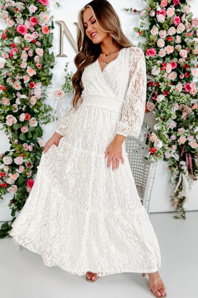 White Women’s V Neck Bubble Long Sleeve Tiered Lace Maxi Wedding Party Dress