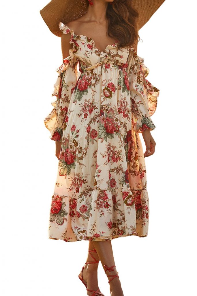 Women’s Apricot Hollow-out Shoulder Long Sleeve Ruffle Floral Maxi Dress