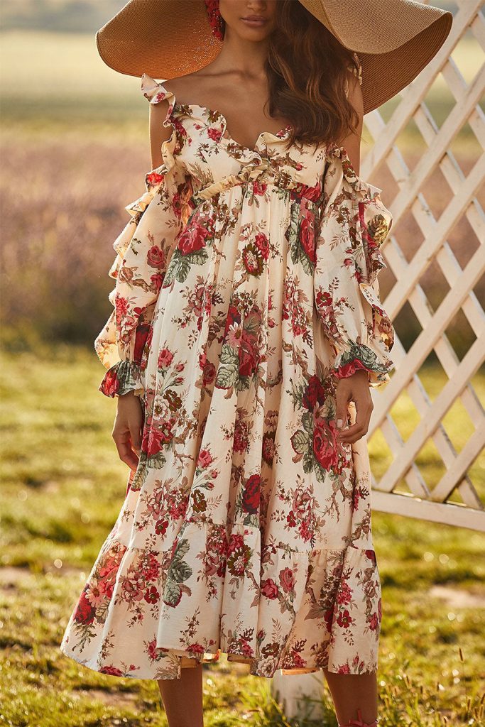 Women’s Apricot Hollow-out Shoulder Long Sleeve Ruffle Floral Maxi Dress