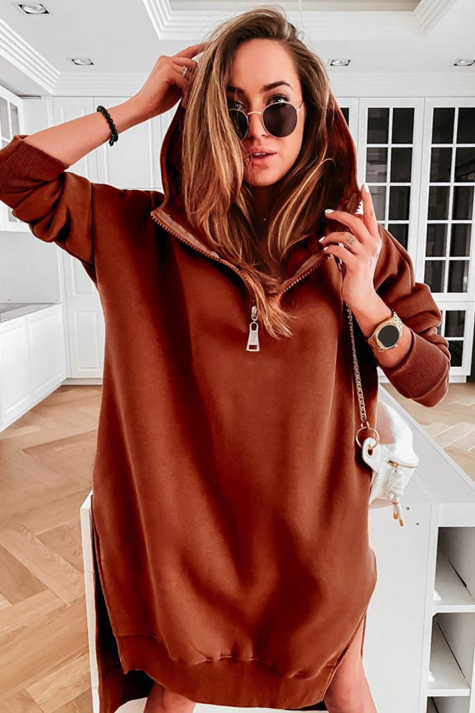 Fashion Women’s Brown Loose Half Zipper Side Slit Hooded Dress