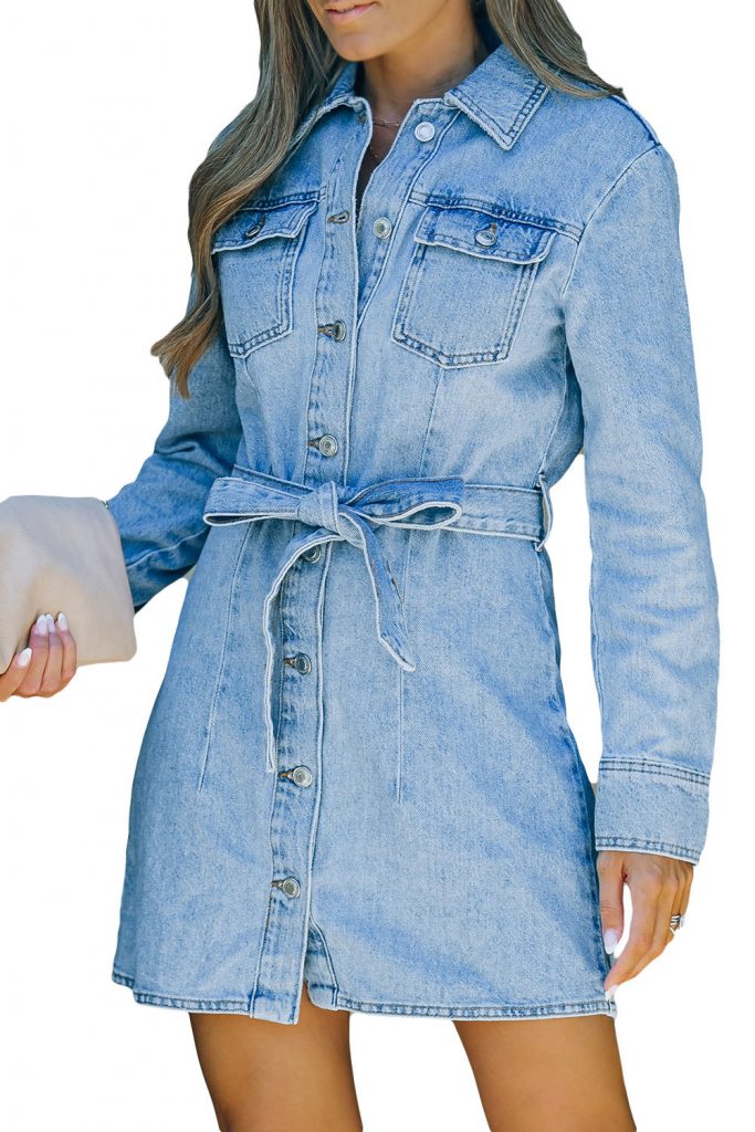 Women’s Blue Buttoned Fall Long Sleeve Denim Dress With Tie