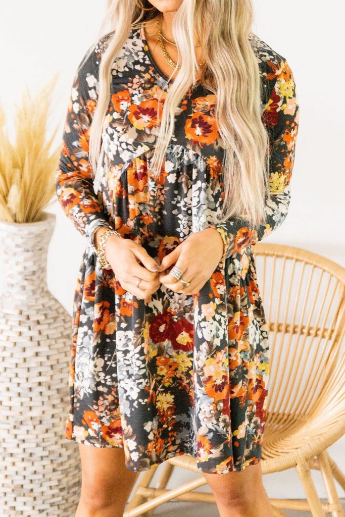 Women’s Floral Print Ruched Long Sleeve Dress