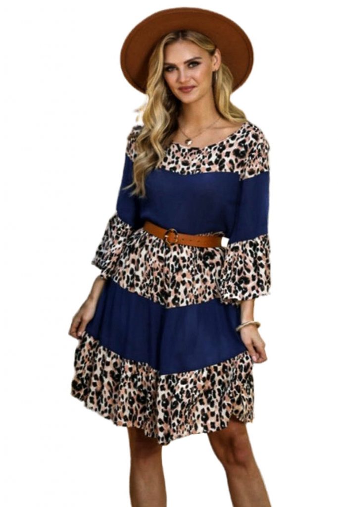 Women’s Leopard Splicing Crew Neck High Waist Long Sleeve Casual Midi Dress