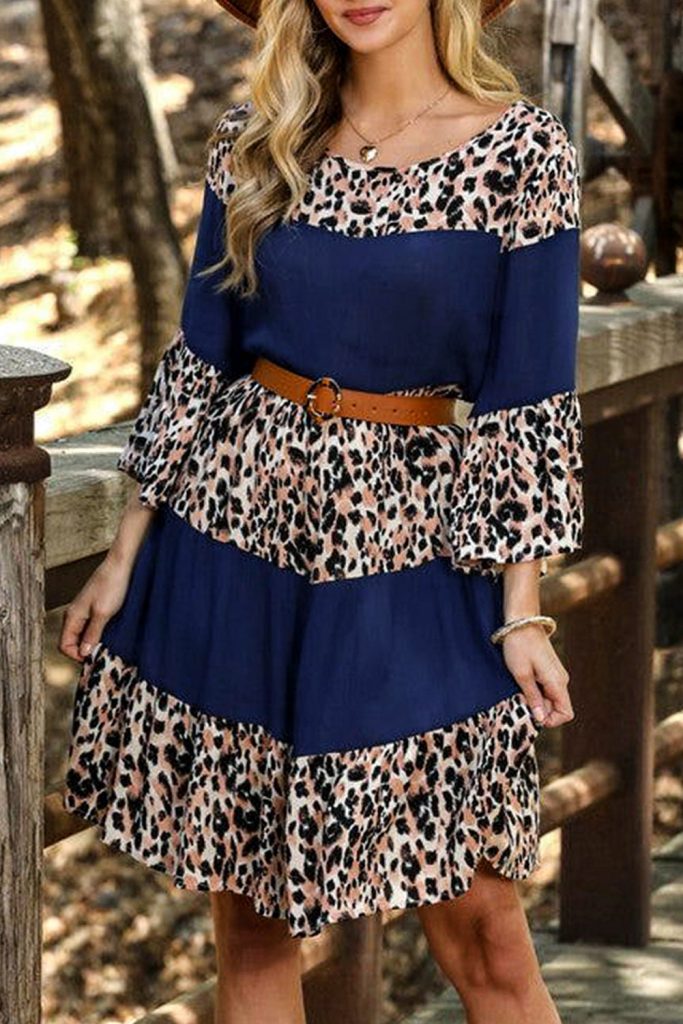 Women’s Leopard Splicing Crew Neck High Waist Long Sleeve Casual Midi Dress