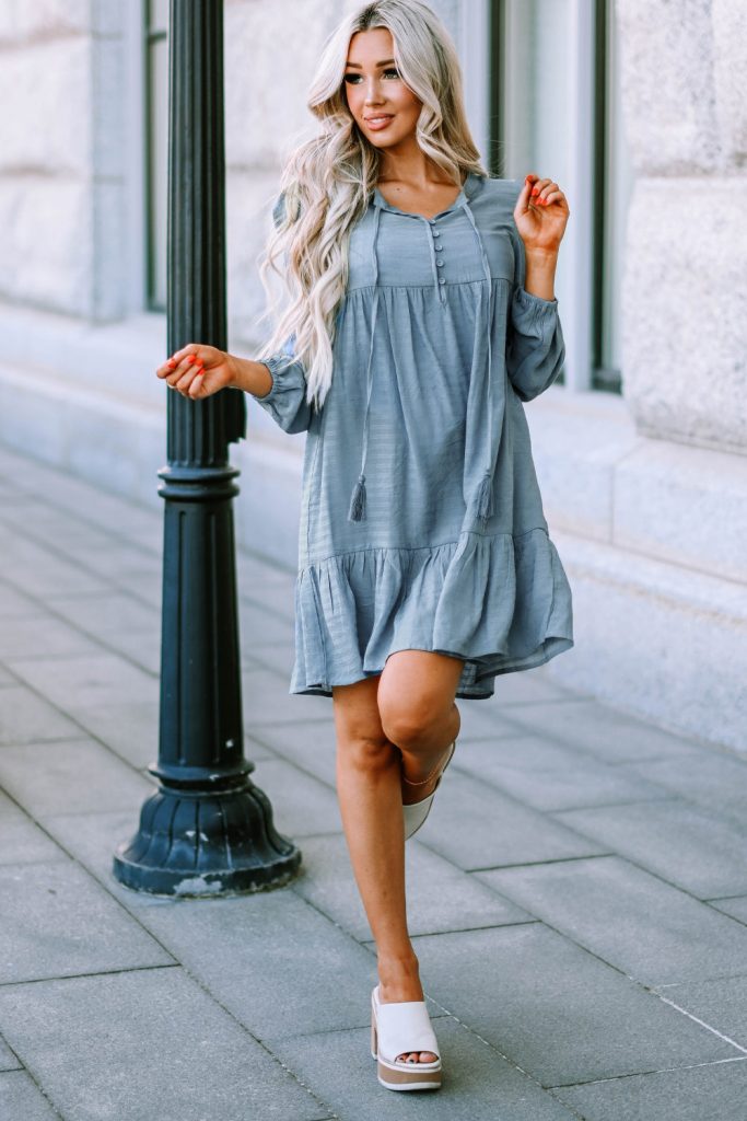 Women’s Long Sleeve Babydoll Dress Sky Blue Buttoned Ruffled