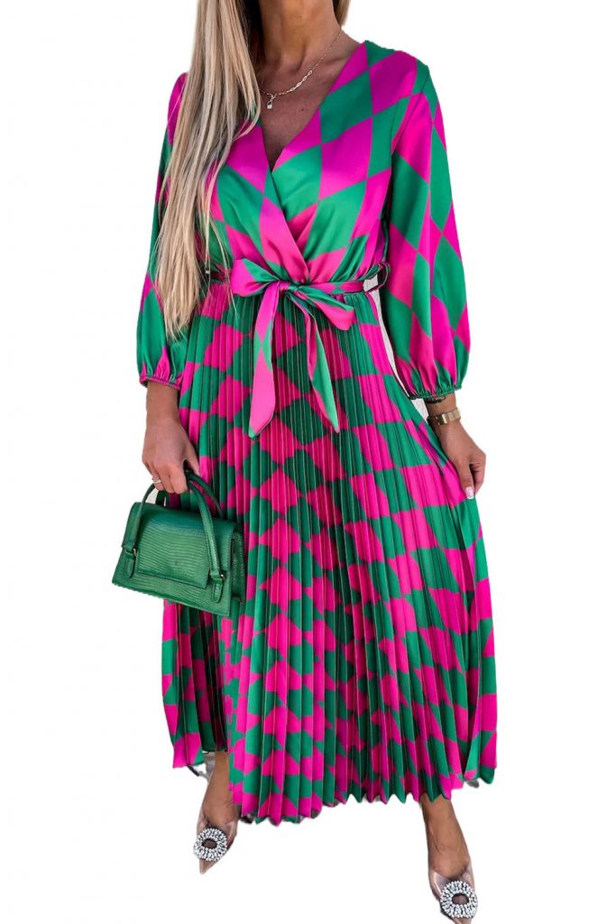 Women’s Long Sleeve Maxi Dress Multicolor Rhombus Contrast Color Block Belted