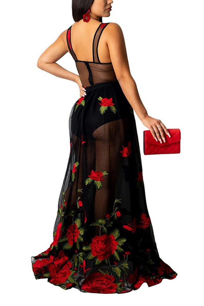 Women’s Mesh Floral Embroidery Dress Spaghetti Strap Backless Long Party Prom Maxi Dress