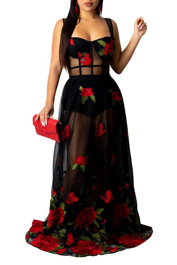 Women’s Mesh Floral Embroidery Dress Spaghetti Strap Backless Long Party Prom Maxi Dress