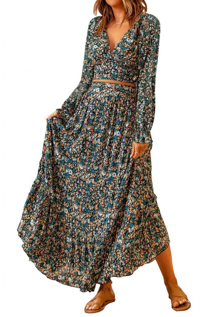 Women’s Multicolor Floral Bishop Sleeve V Neck Top And Maxi Skirt Set Dress