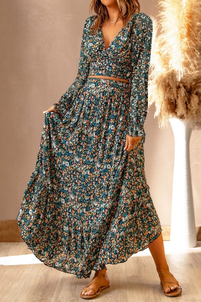 Women’s Multicolor Floral Bishop Sleeve V Neck Top And Maxi Skirt Set Dress