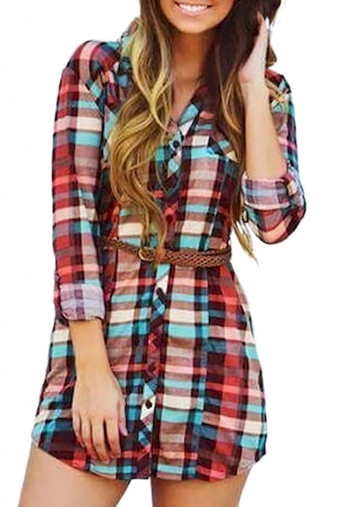 Women’s Multicolor Long Sleeve Pockets Buttoned Plaid Fall Mini Dress