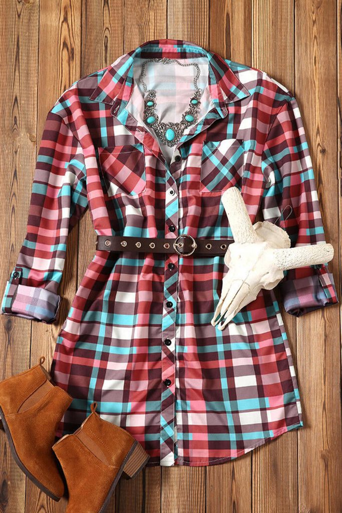 Women’s Multicolor Long Sleeve Pockets Buttoned Plaid Fall Mini Dress