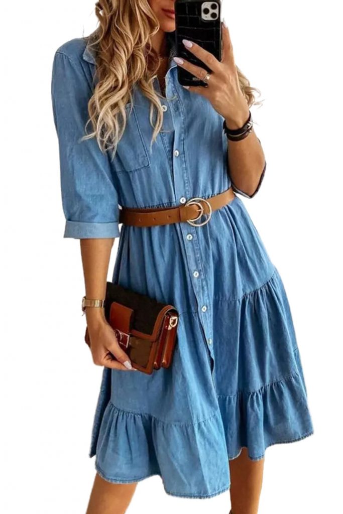 Women’s Sky Blue Ruffled Denim Full Buttoned Midi Dress