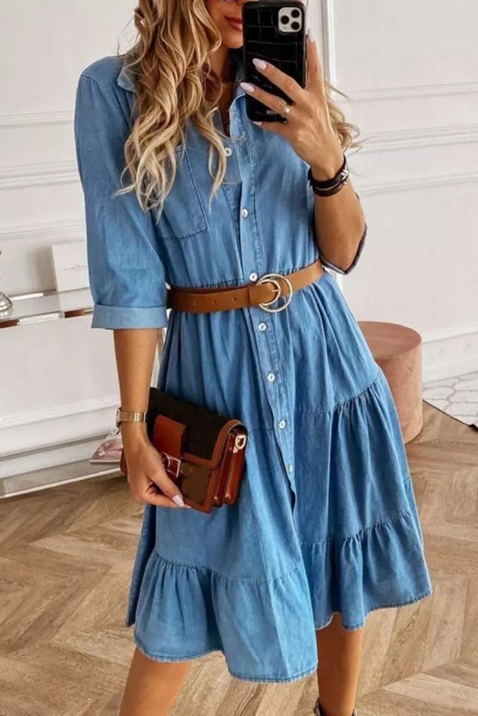 Women’s Sky Blue Ruffled Denim Full Buttoned Midi Dress