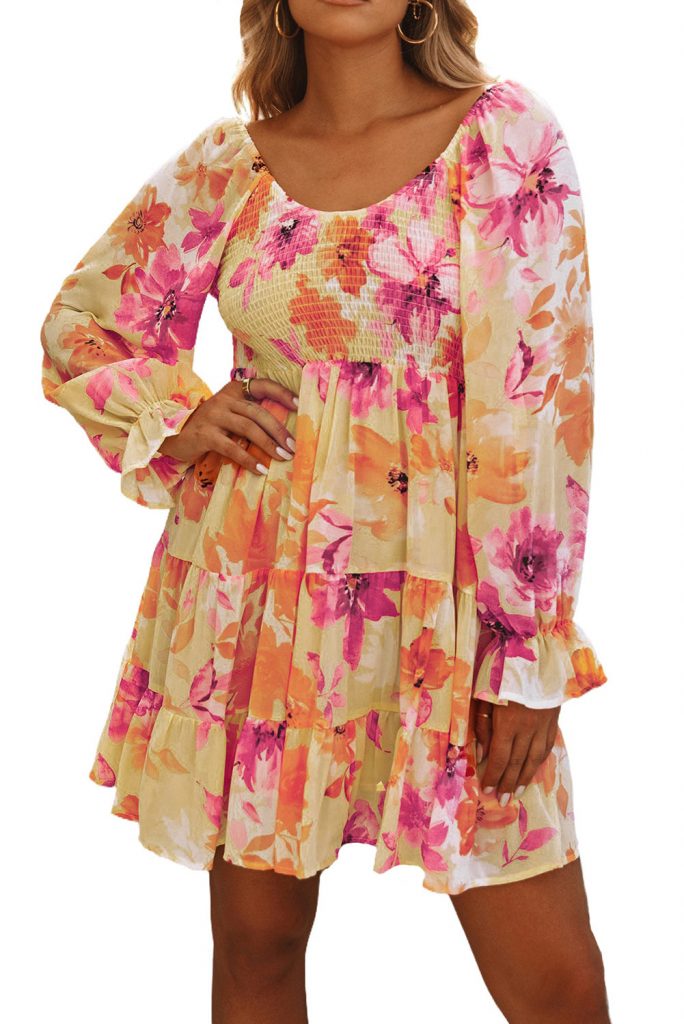 Yellow Square Neck Puffy Long Sleeve Tiered Women’s Fall Party Floral Dress