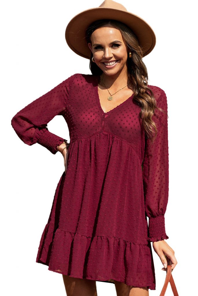 V-Neck Dotted Burgundy Empire Mini Dress