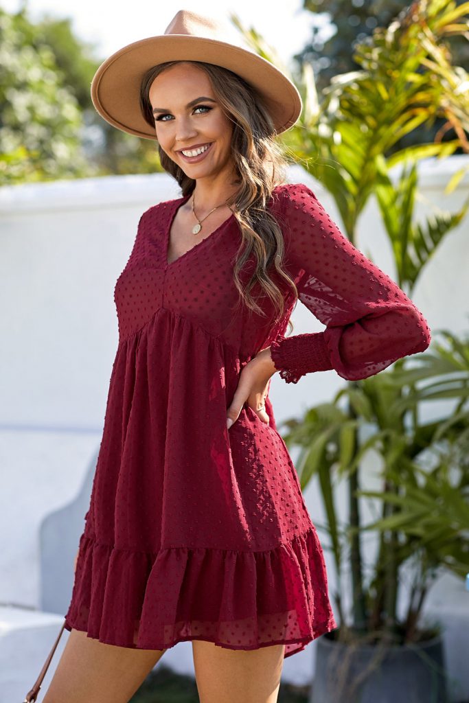 V-Neck Dotted Burgundy Empire Mini Dress