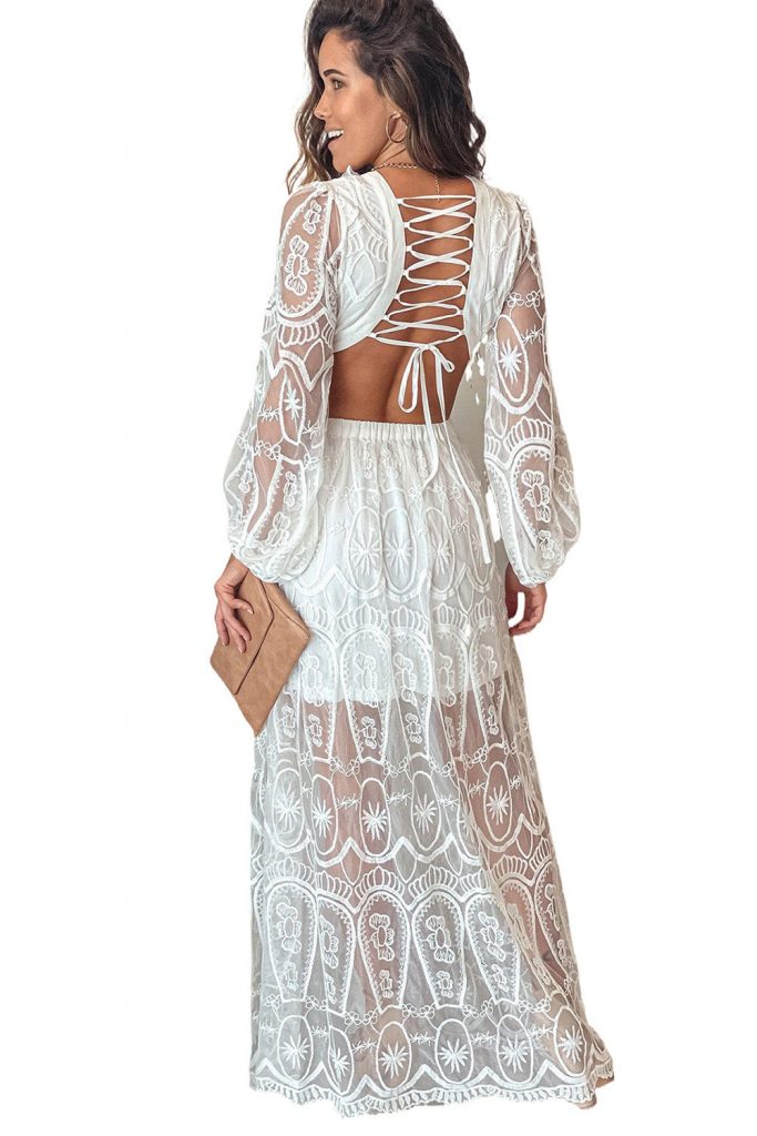 White Cut Out Lace Bubble Sleeve Maxi Evening Dress