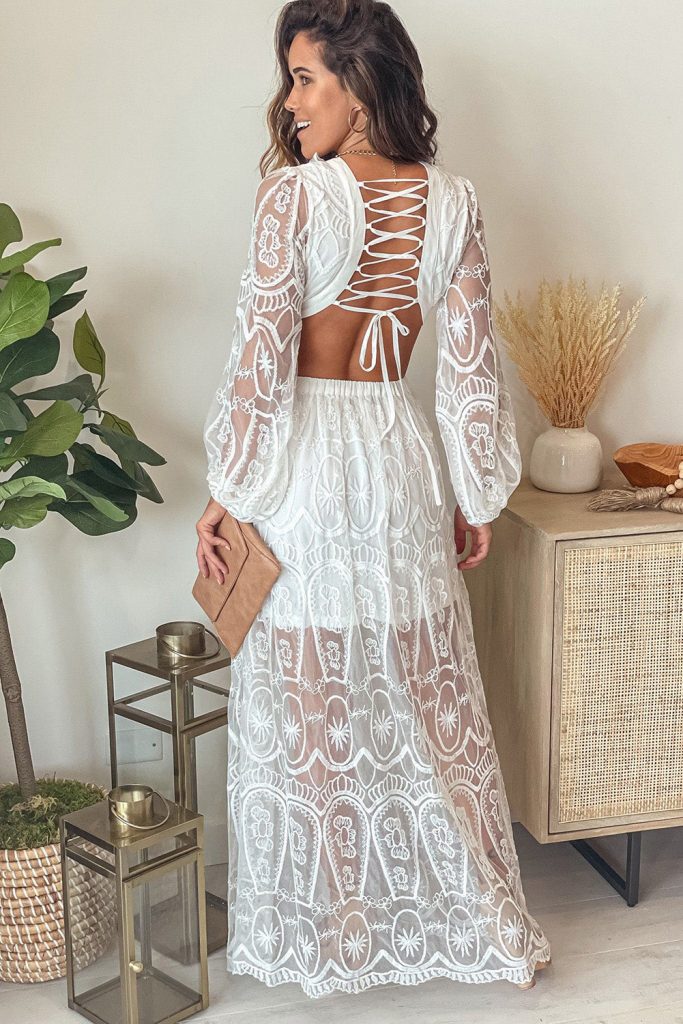 White Cut Out Lace Bubble Sleeve Maxi Evening Dress